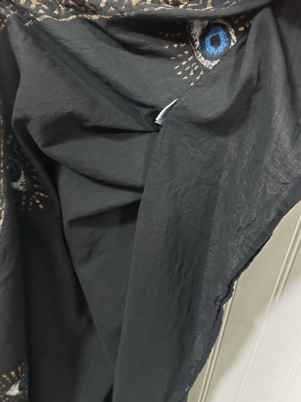 Black Evil Eye Gold Accent Kaftan Boho Coastal Luxe Mediterranean Cotton Coverup - Picture 7 of 12